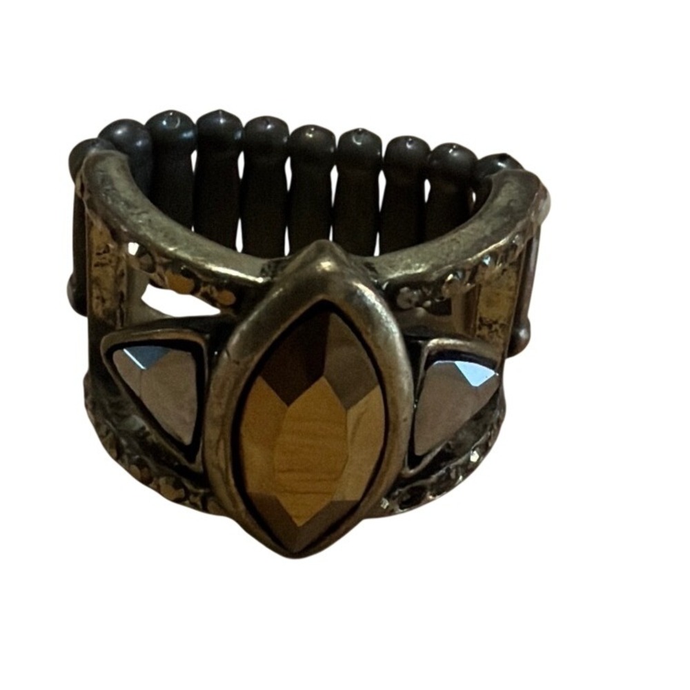 i Brass Amber Rhinestone Marquise Statement Stretch Ring Smoky Accents